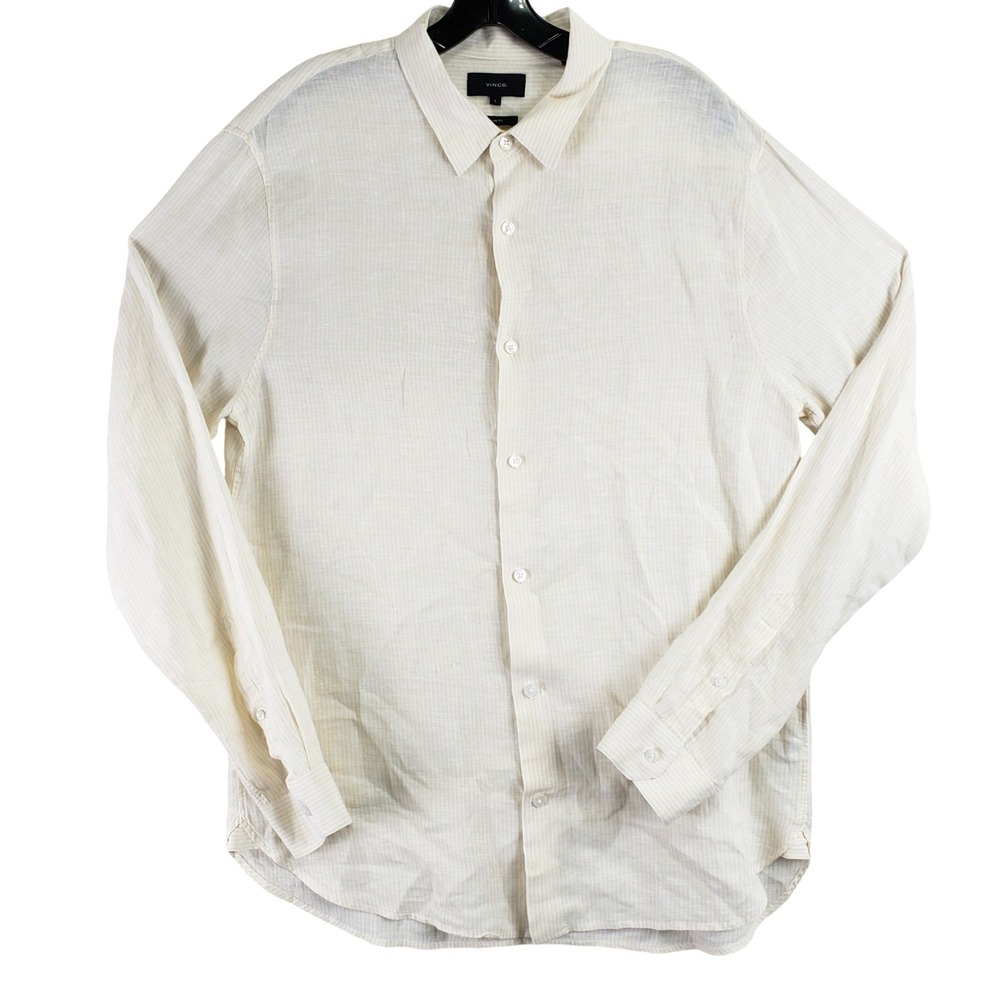 Vince Linen Button Down Shirt Womens L Beige Striped Coastal Quiet Luxury